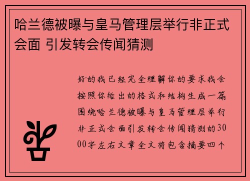 哈兰德被曝与皇马管理层举行非正式会面 引发转会传闻猜测 哈兰德被曝与皇马管理层举行非正式会面 引发转会传闻猜测